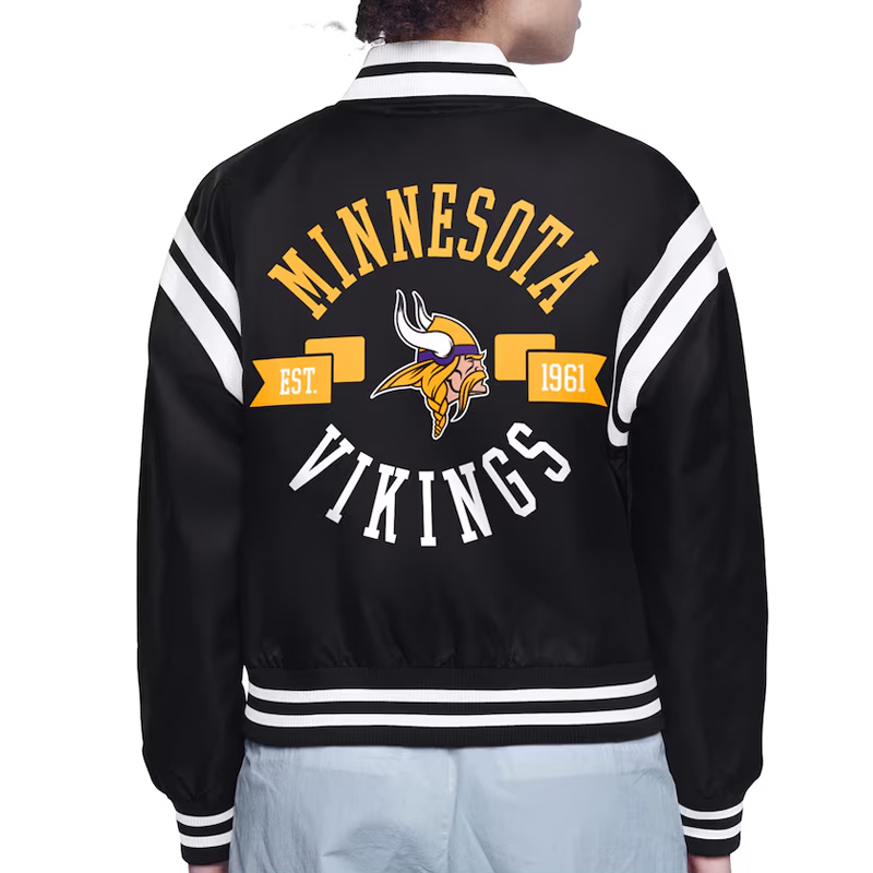 Minnesota Vikings Printed Logo Varsity Satin Jacket - Image 3