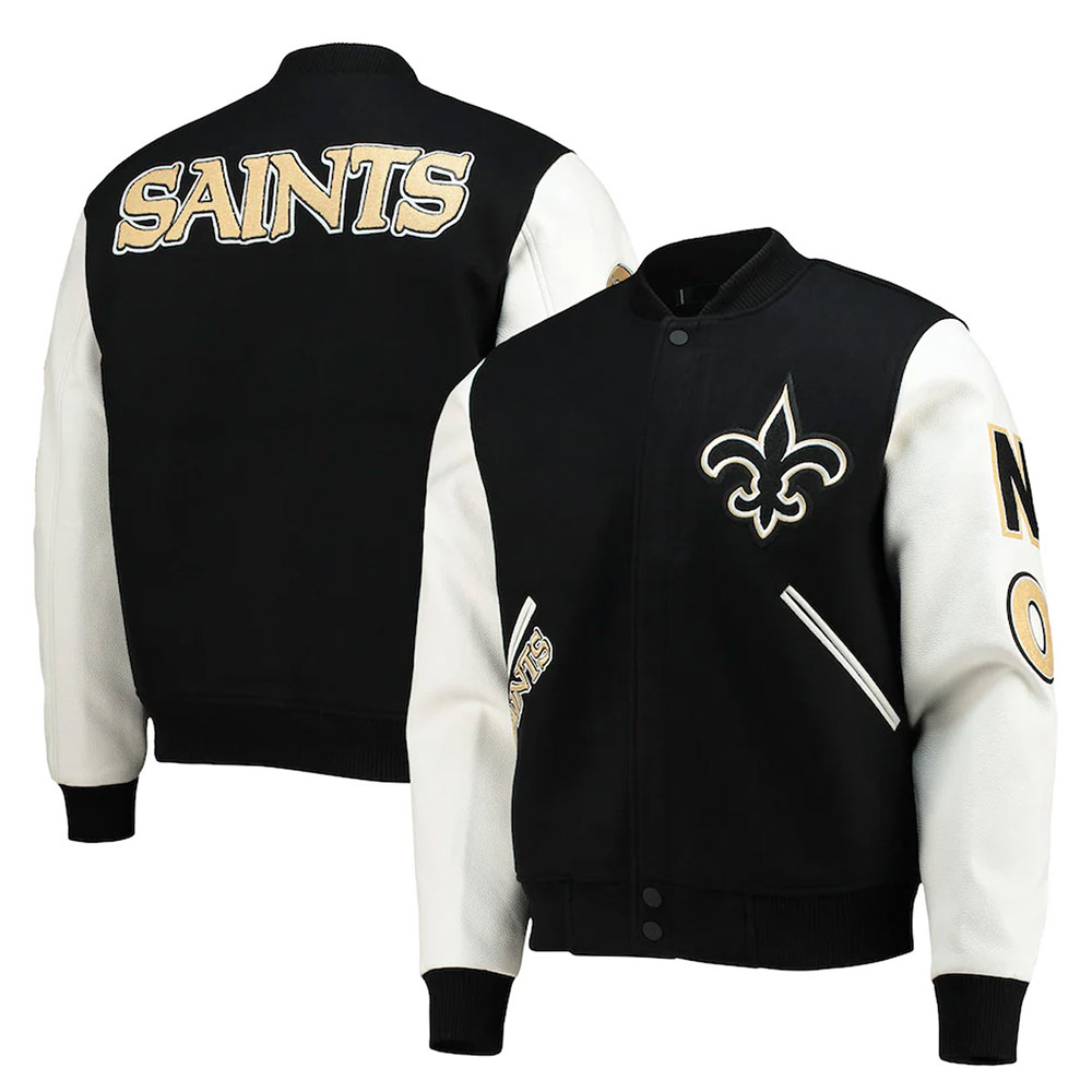New Orleans Saints Logo Black and White Varsity Jacket - Image 3