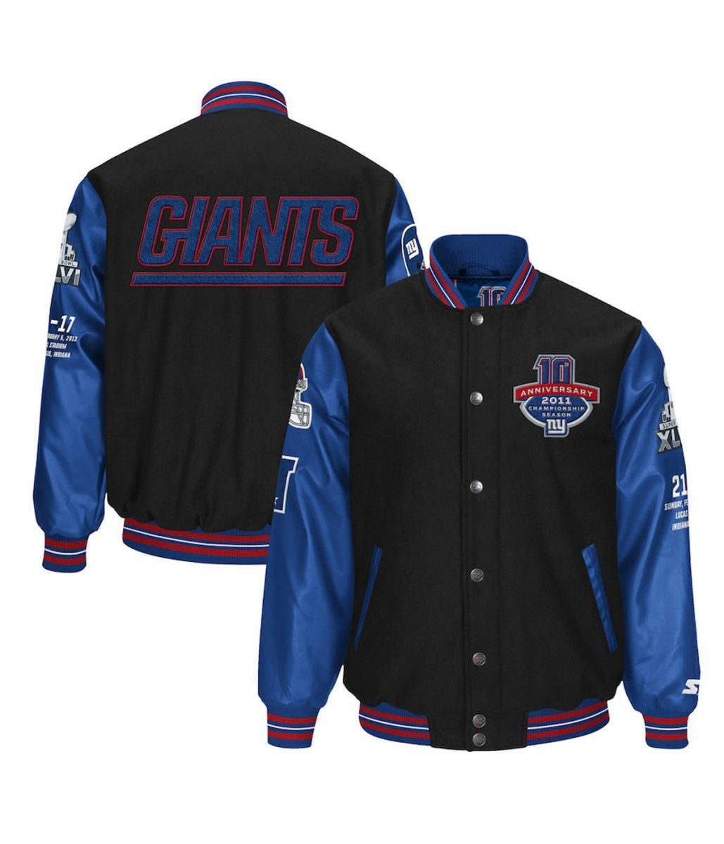 New York Giants Super Bowl XLVI Black and Blue Varsity Jacket - Image 4