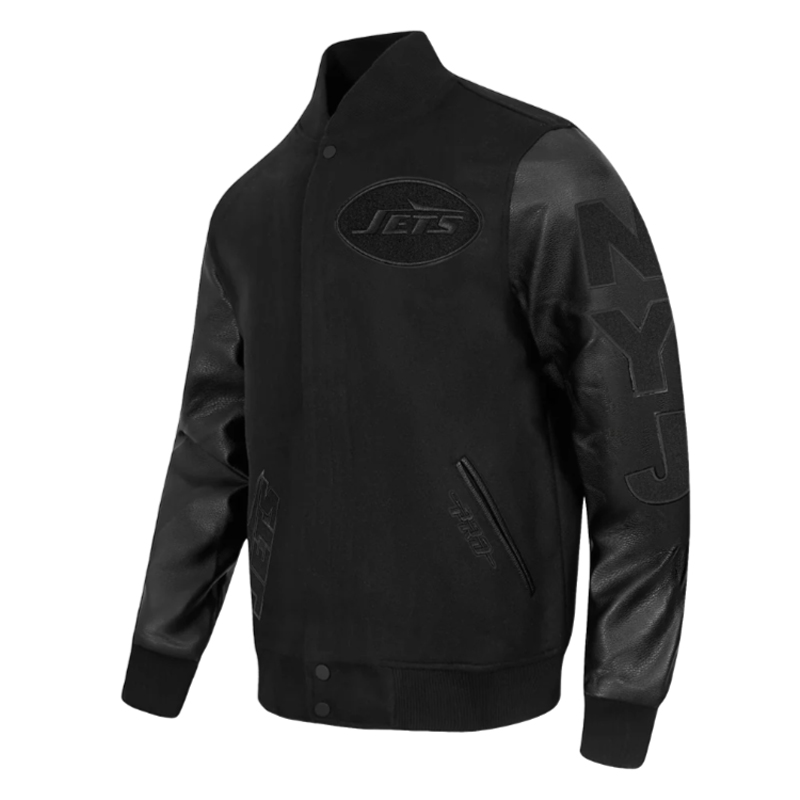 NY Jets Triple Black Varsity Wool/Leather Jacket - Image 3