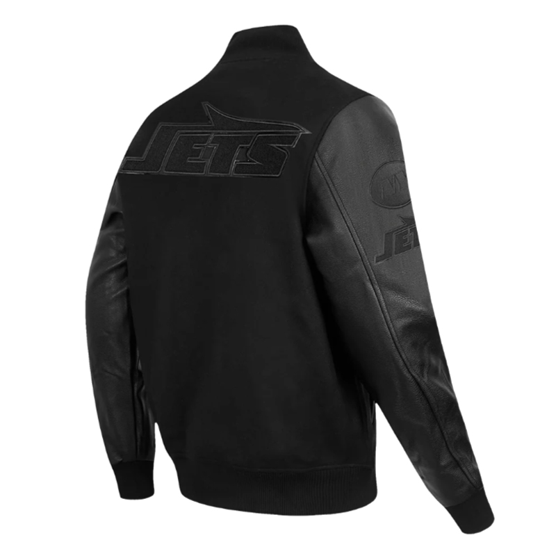 NY Jets Triple Black Varsity Wool/Leather Jacket - Image 4