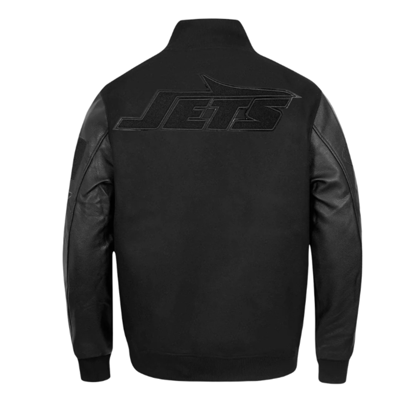 NY Jets Triple Black Varsity Wool/Leather Jacket - Image 2