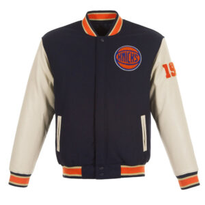 NY Knicks Chenille Navy and Off White Varsity Jacket