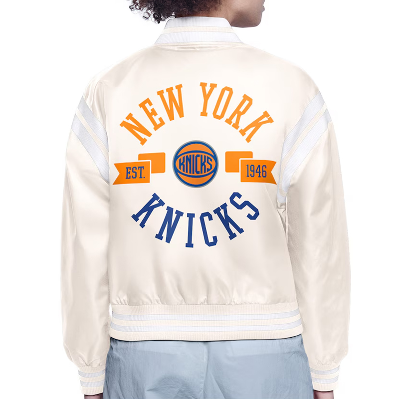 NY Knicks Printed Logo Varsity Satin Jacket - Image 4