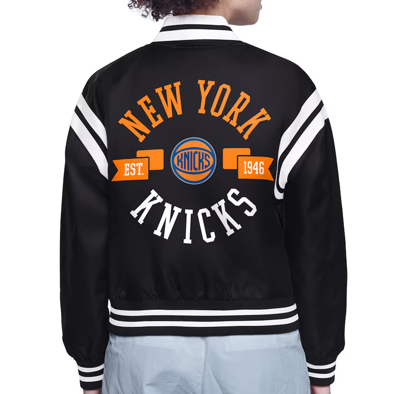 NY Knicks Printed Logo Varsity Satin Jacket - Image 3