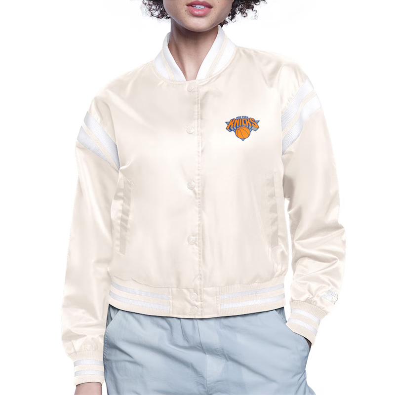 NY Knicks Printed Logo Varsity Satin Jacket - Image 2