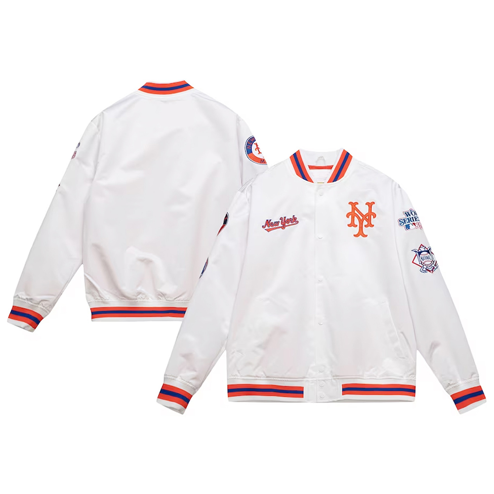 New York Mets City Collection Varsity White Satin Full-Snap Jacket - Image 3