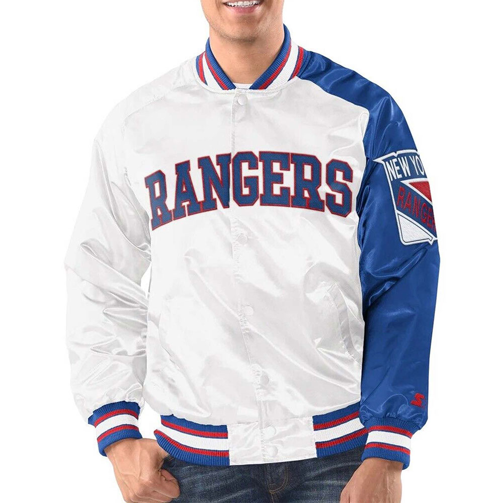 NY Rangers Blue and White Varsity Satin Jacket