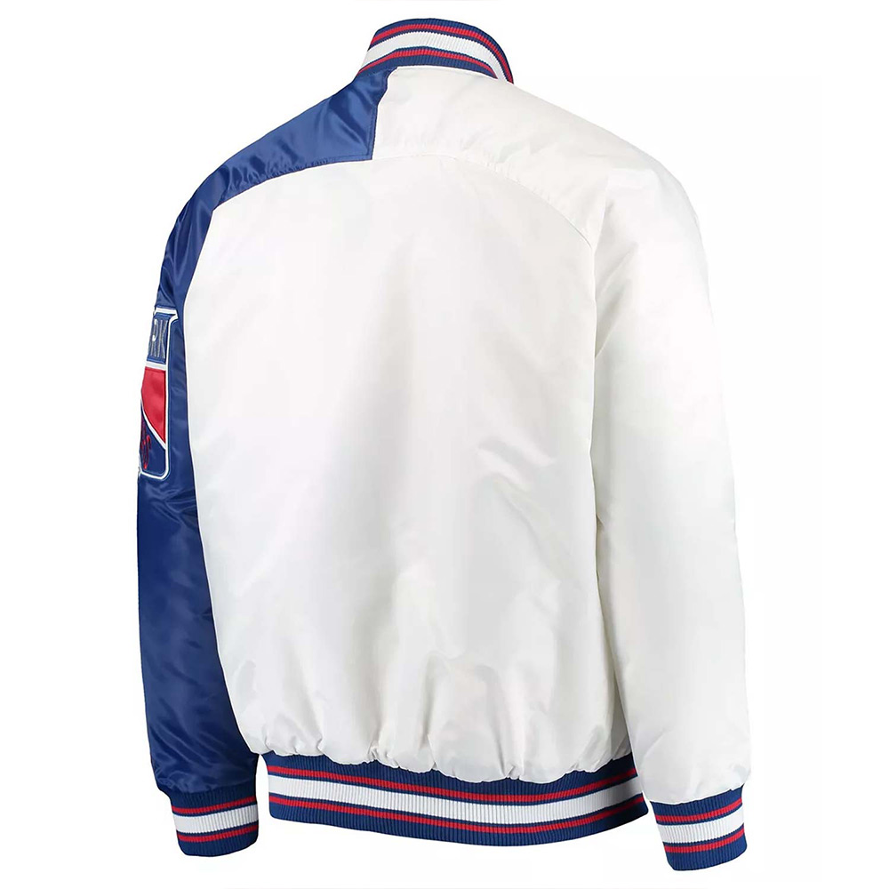 NY Rangers Blue and White Varsity Satin Jacket - Image 4
