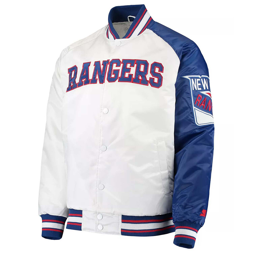NY Rangers Blue and White Varsity Satin Jacket - Image 3