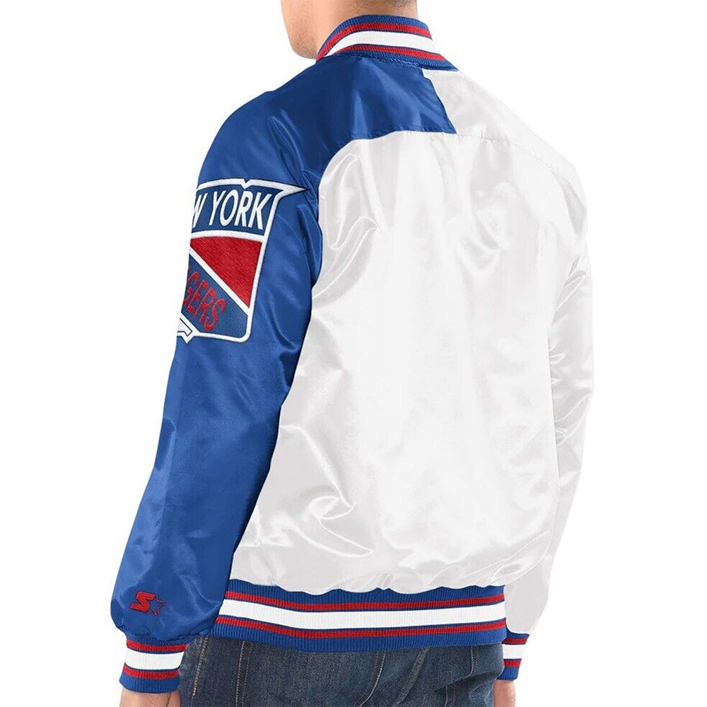NY Rangers Blue and White Varsity Satin Jacket - Image 2