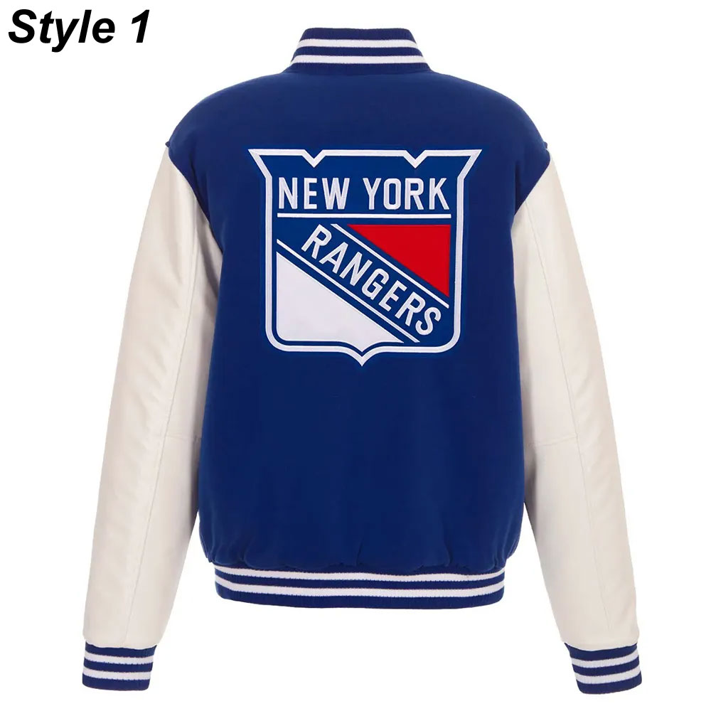 New York Rangers White and Royal Blue Varsity Jacket - Image 3