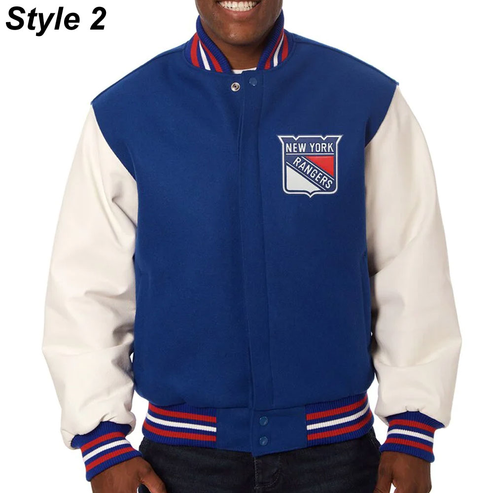 New York Rangers White and Royal Blue Varsity Jacket - Image 2