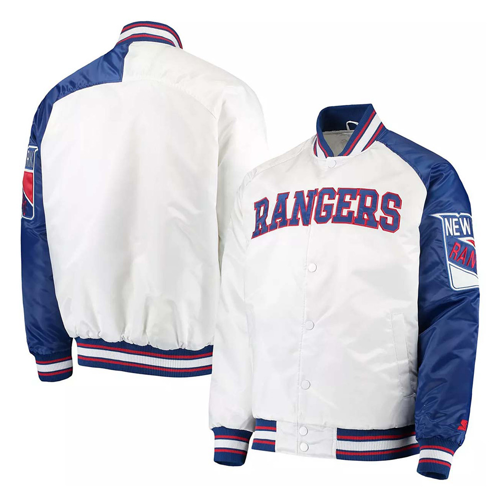 NY Rangers Blue and White Varsity Satin Jacket - Image 5