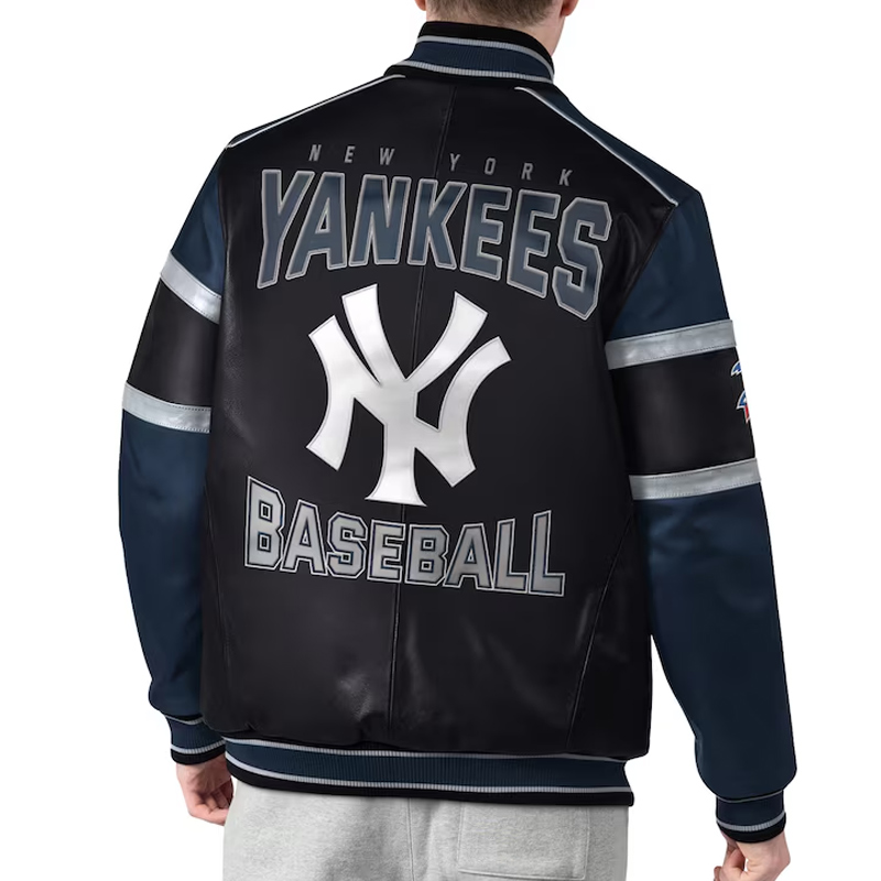 NY Yankees Black and Navy Varsity Leather Jacket - Image 2