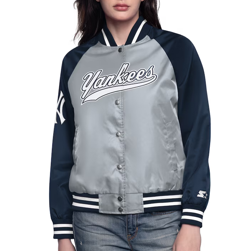Gray/Navy New York Yankees Home Run Varsity Satin Jacket