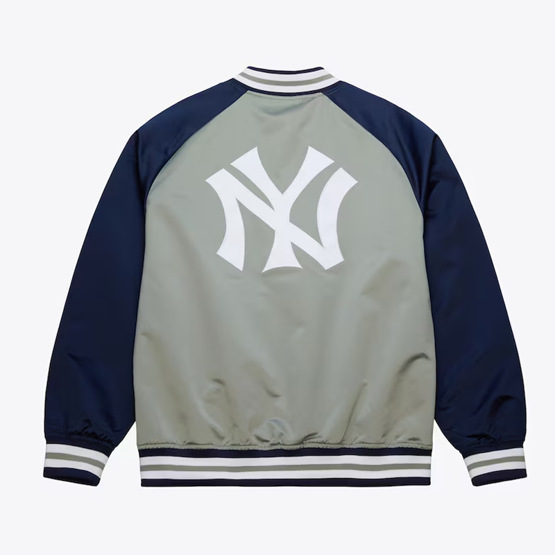 NY Yankees Vintage Logo Double Clutch Lightweight Gray Satin Jacket - Image 2