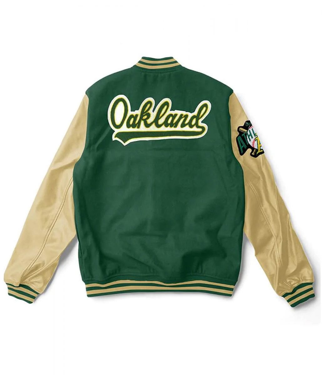 Oakland Athletics Varsity Green and Beige Wool/Leather Jacket - Image 2