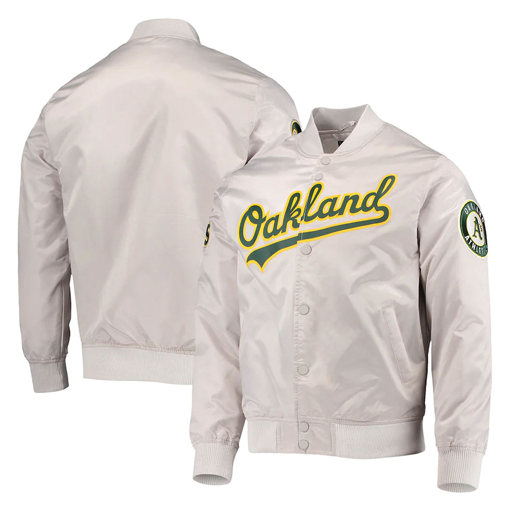 Wordmark Oakland Athletics Bomber Silver Satin Jacket - Image 3