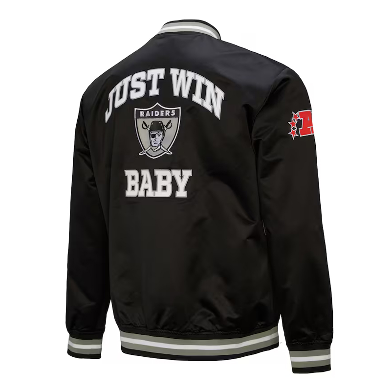 Oakland Raiders Just Win Baby Black Satin Jacket - Image 2