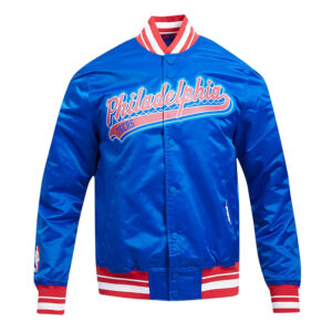 Philadelphia 76ers Script Tail Royal Satin Jacket