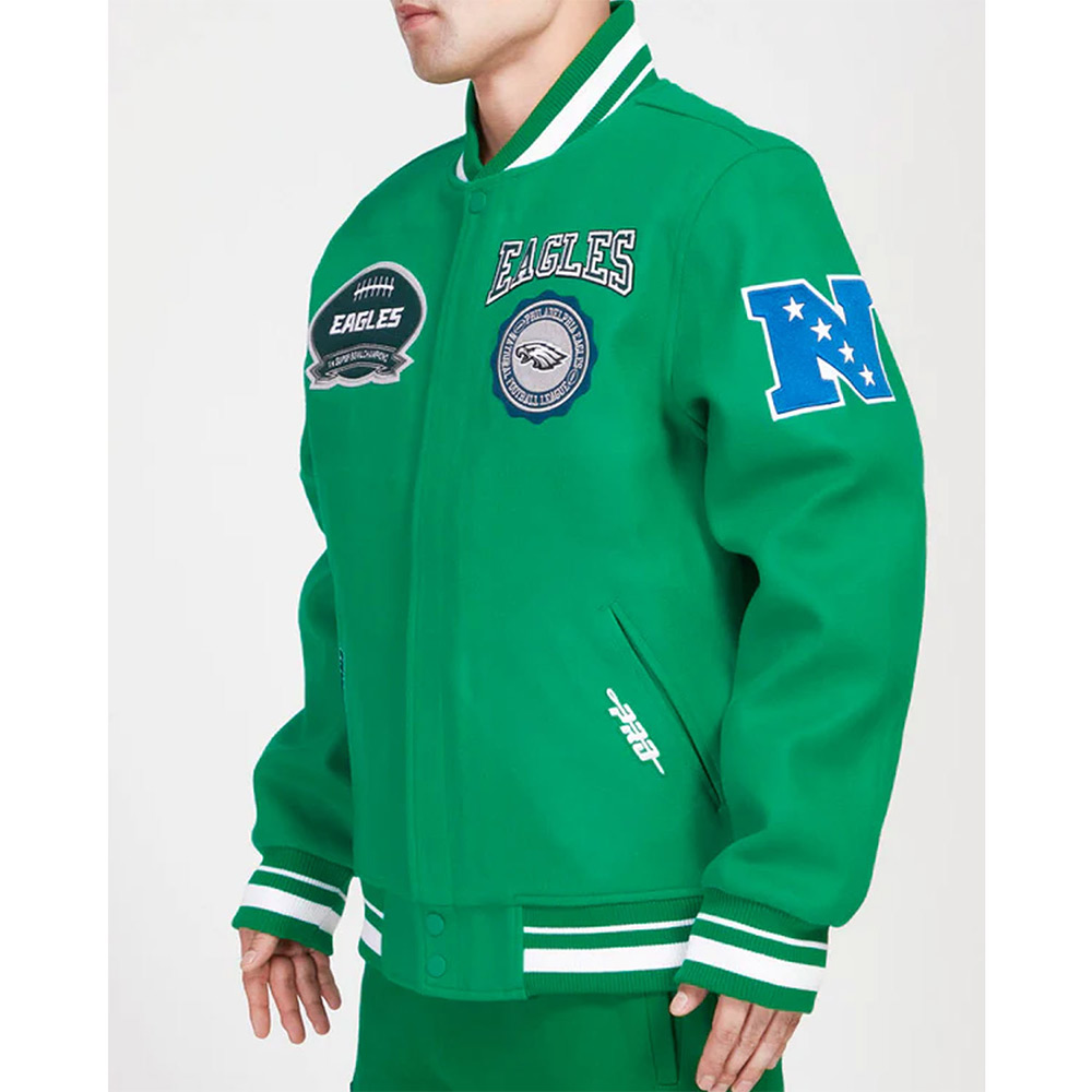 Philadelphia Eagles Crest Emblem Kelly Green Varsity Wool Jacket - Image 4