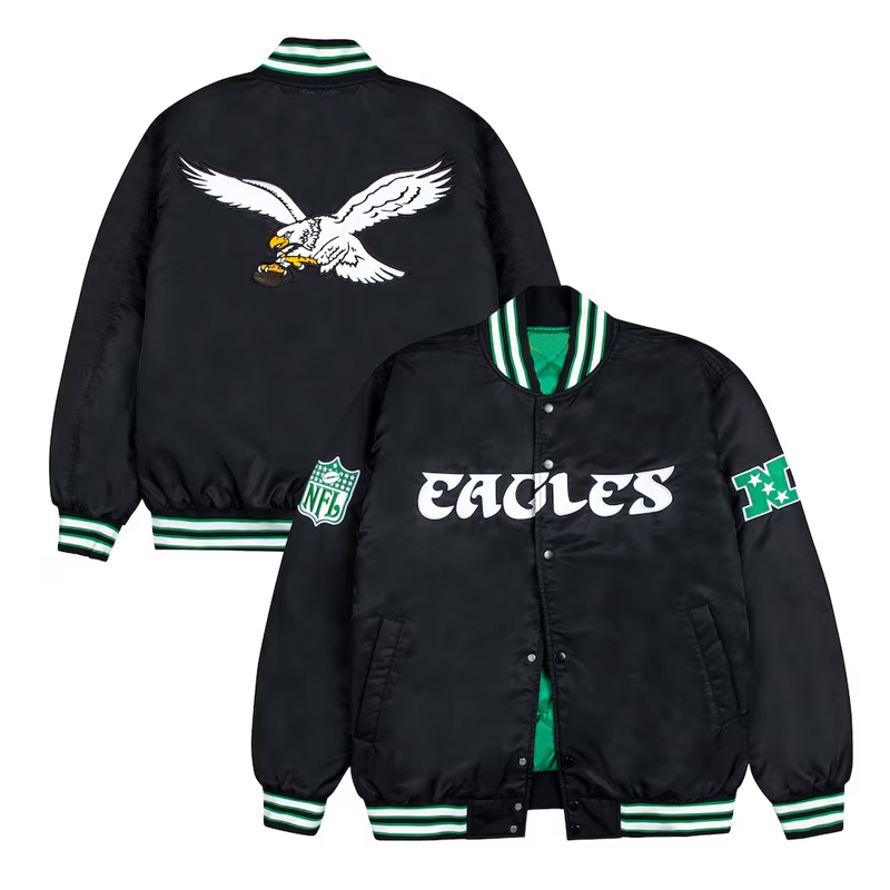 Philadelphia Eagles Green and White Rib Bomber Black Jacket - Image 3