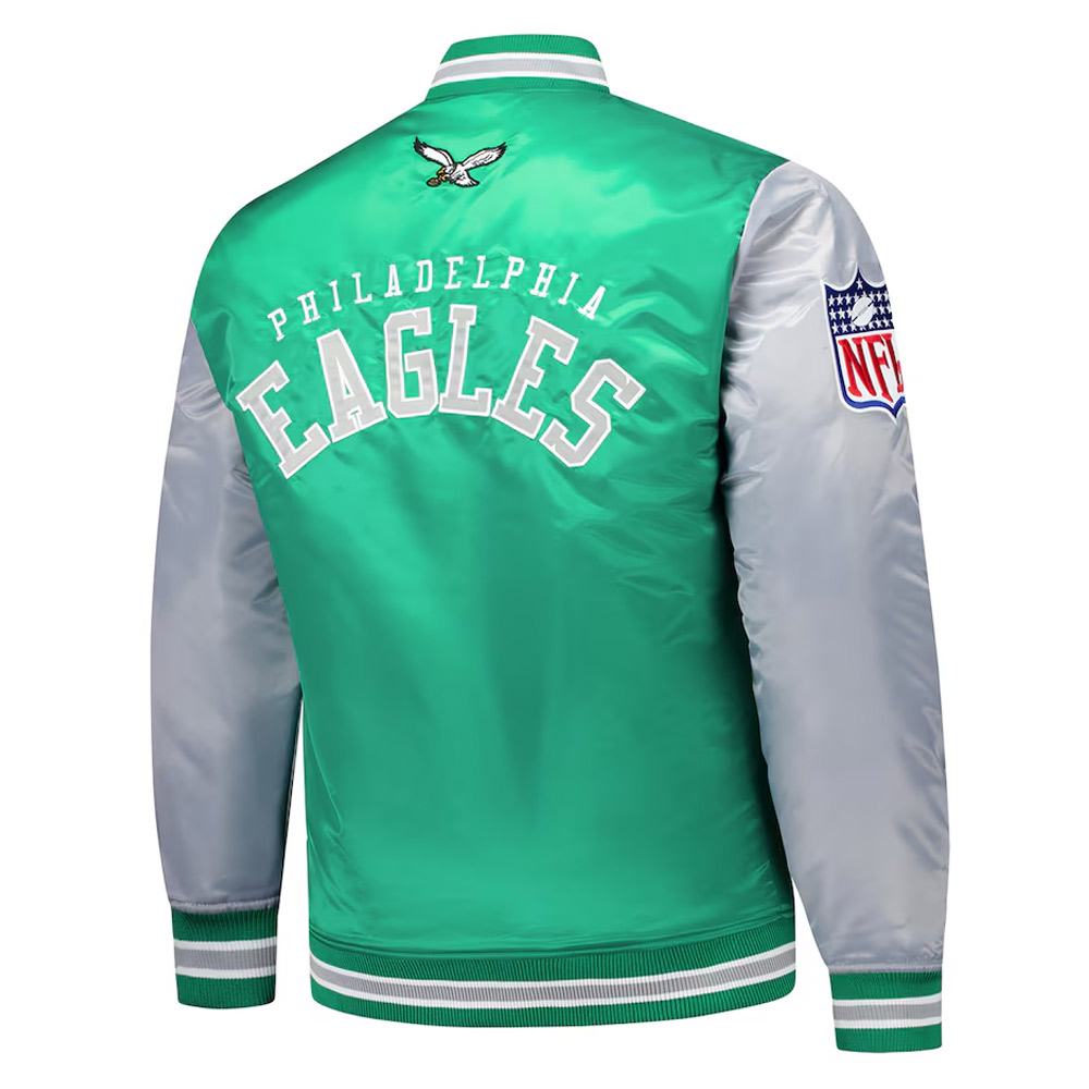 Philadelphia Eagles Kelly Green and Gray Team Satin Jacket - Image 2