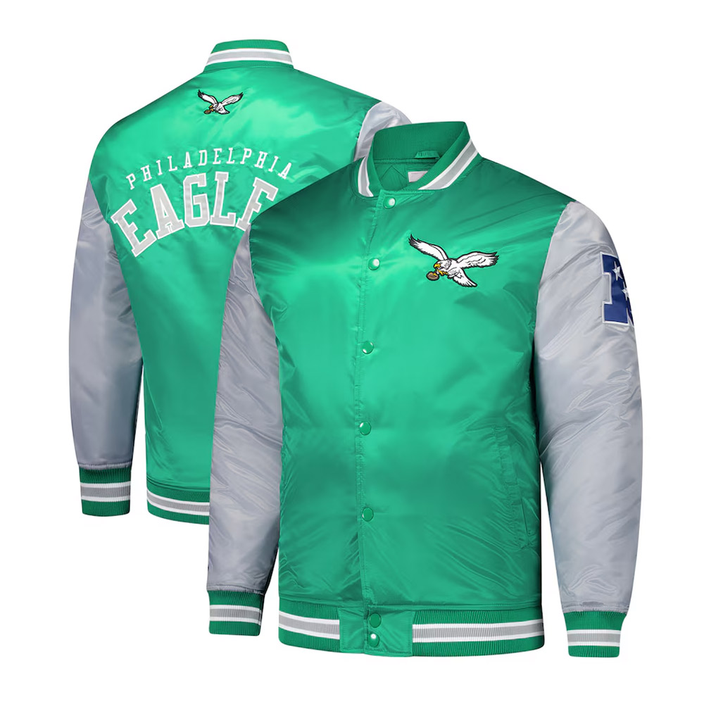 Philadelphia Eagles Kelly Green and Gray Team Satin Jacket - Image 3