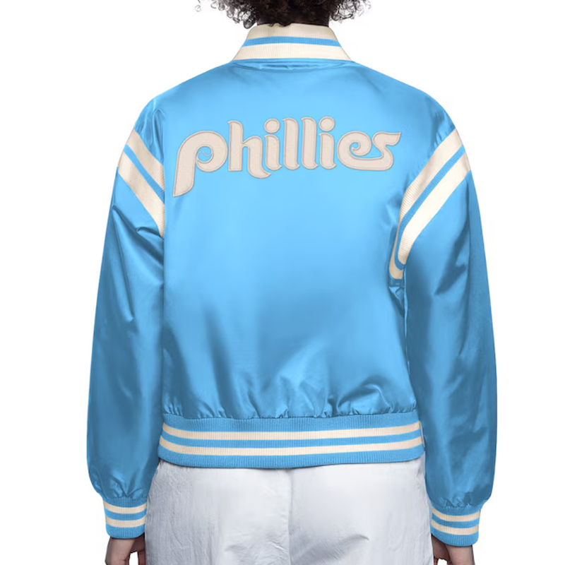 Philadelphia Phillies Light Blue/White Full Count Satin Jacket - Image 3