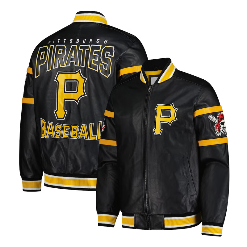Pittsburgh Pirates Striped Black Varsity Leather Jacket - Image 3