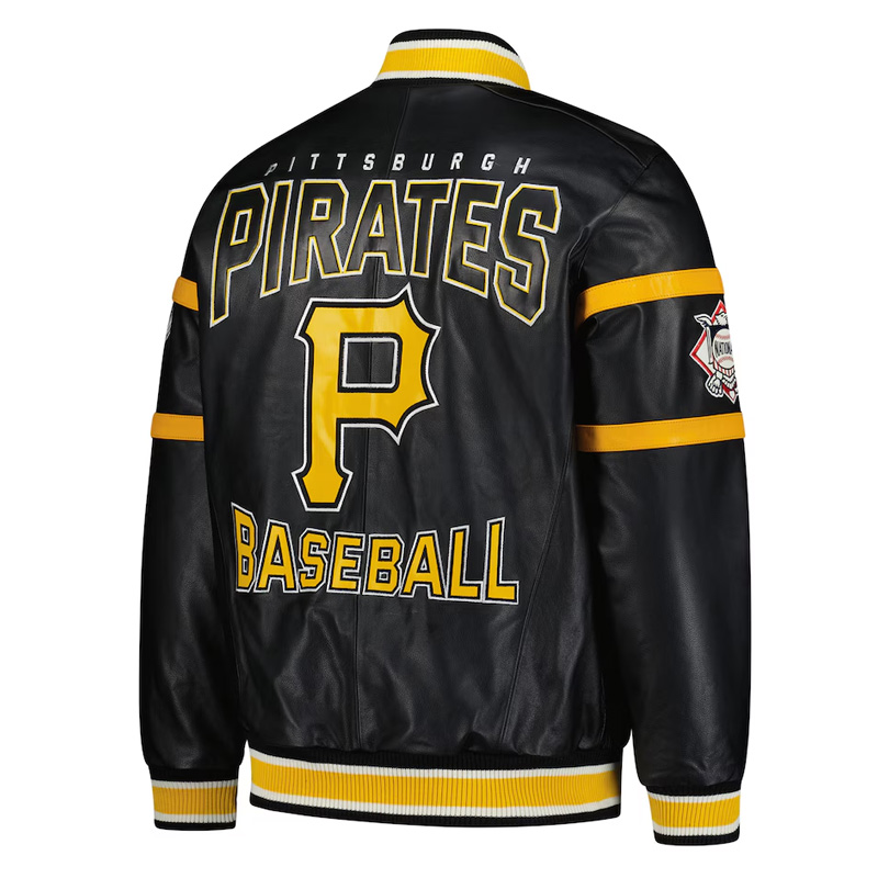 Pittsburgh Pirates Striped Black Varsity Leather Jacket - Image 2
