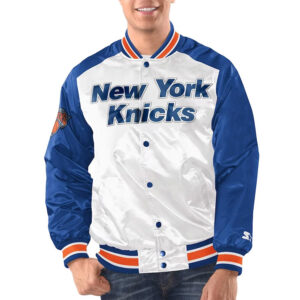 White/Blue New York Knicks Renegade Varsity Satin Jacket