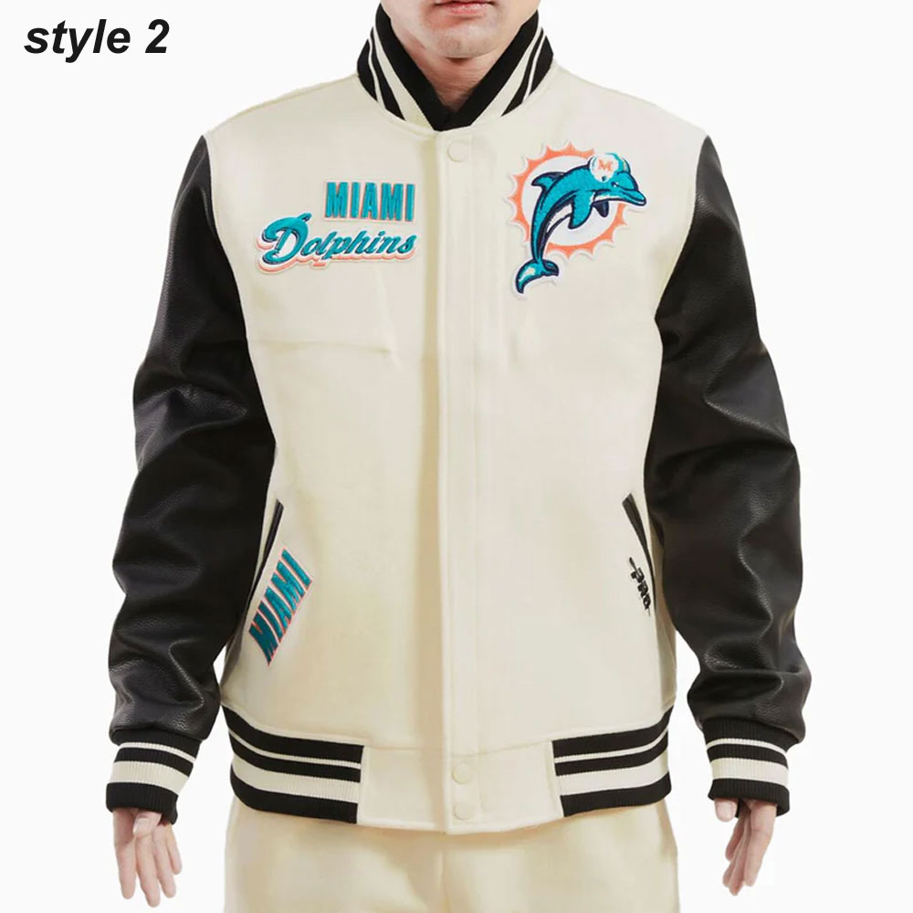 Cream Miami Dolphins Retro Classic Varsity Jacket - Image 2