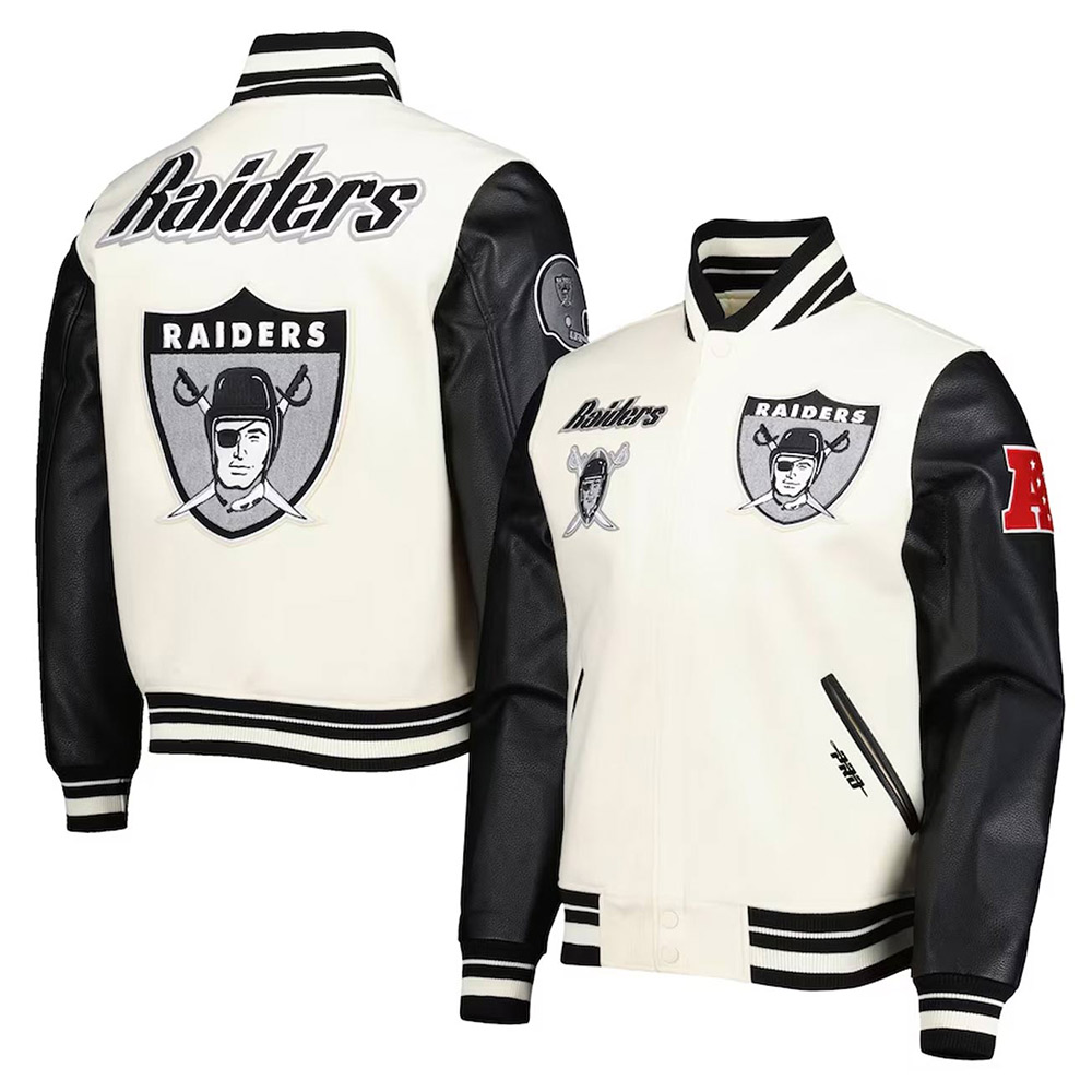 Retro Classic Las Vegas Raiders Varsity Cream and Black Jacket - Image 3