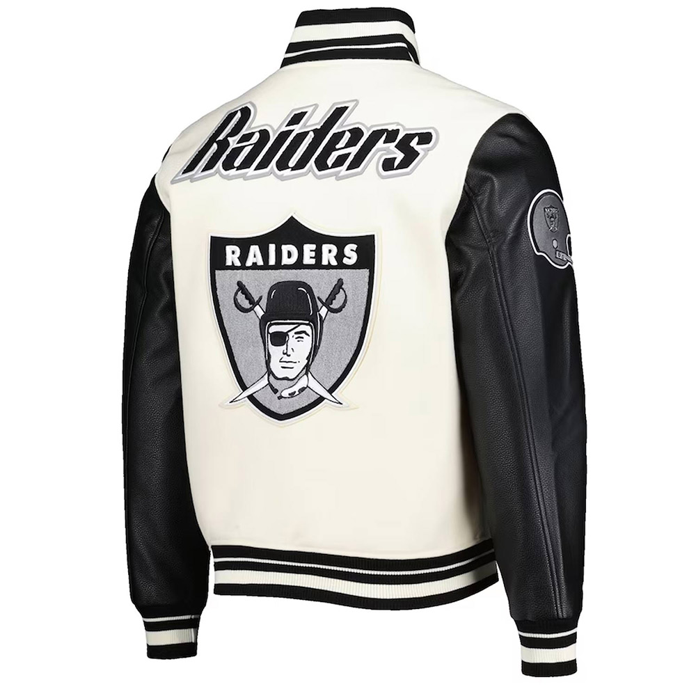 Retro Classic Las Vegas Raiders Varsity Cream and Black Jacket - Image 2