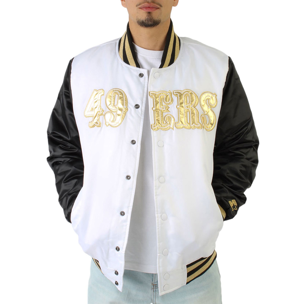 San Francisco 49ers Gold Patches Black and White Satin Jacket - Image 3