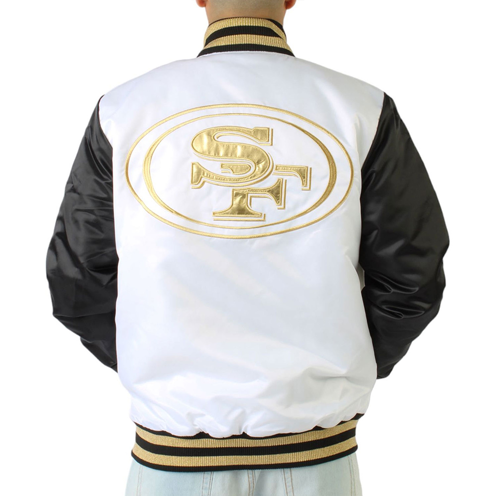 San Francisco 49ers Gold Patches Black and White Satin Jacket - Image 2