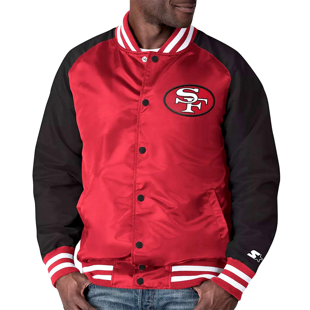 San Francisco 49ers Lead-Off Scarlet/Black Varsity Satin Jacket - Image 3