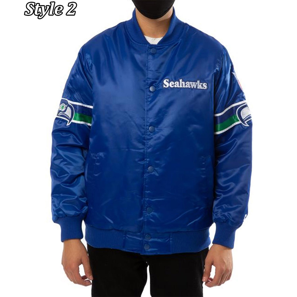 Seattle Seahawks 80s Bomber Blue Satin Jacket - Image 2