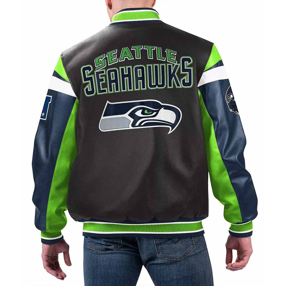 Seattle Seahawks Black Varsity Full-Zip Leather Jacket - Image 2