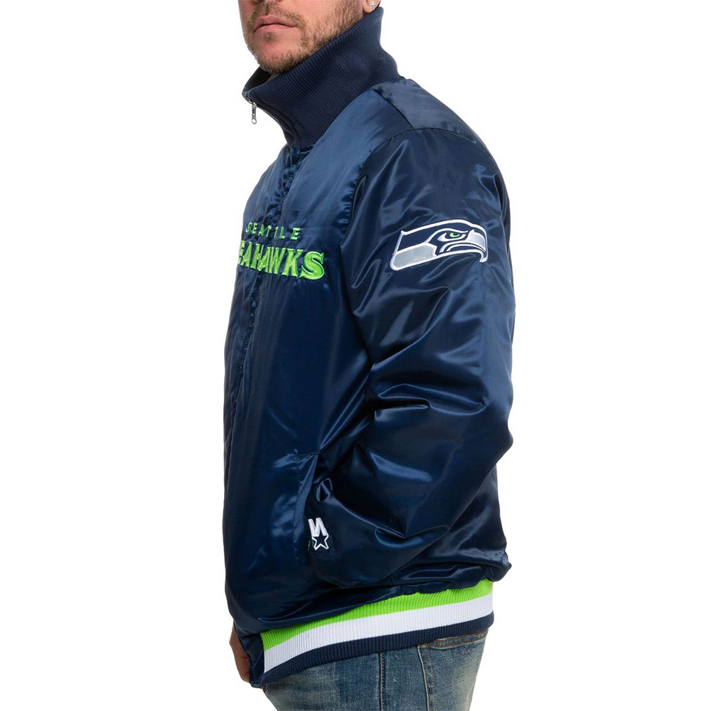 Seattle Seahawks Neon Embroidery Varsity Navy Satin Jacket - Image 4