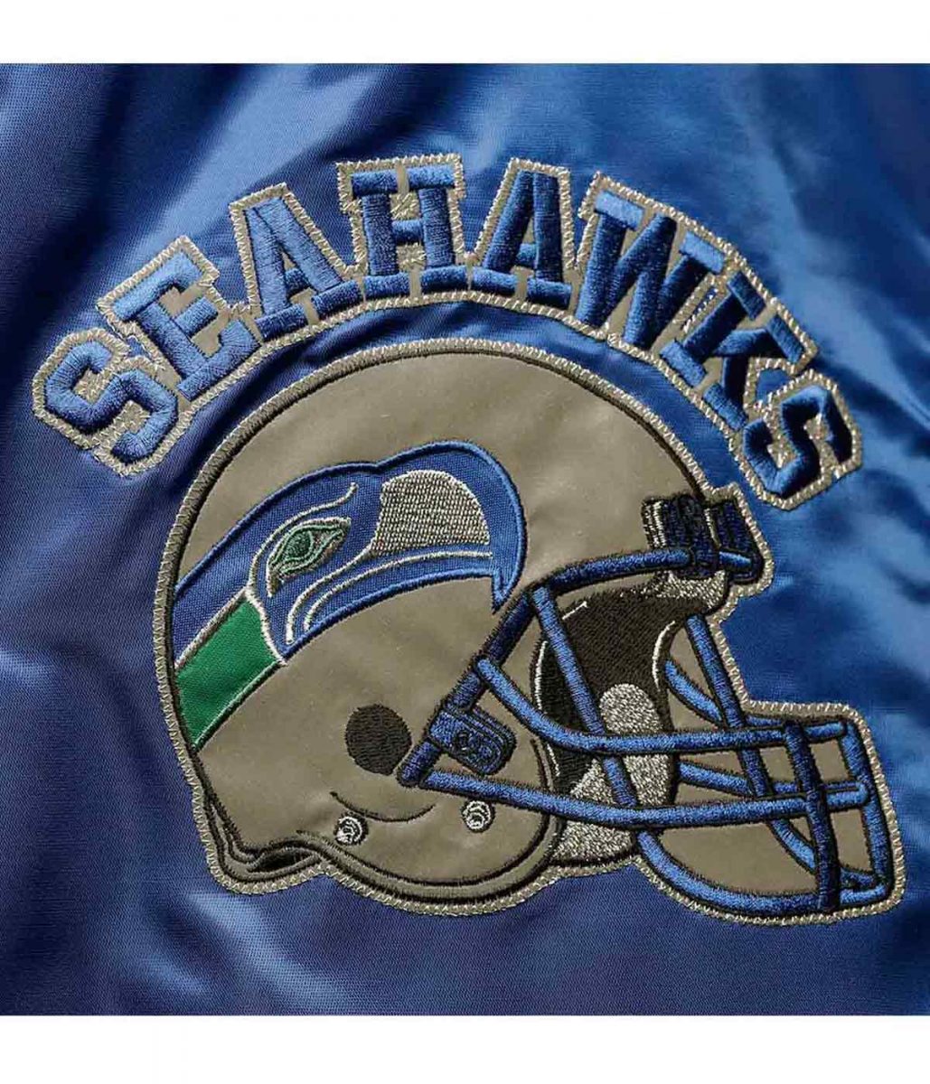 Seattle Seahawks Throwback Blue and Green Varsity Satin Jacket - Image 4