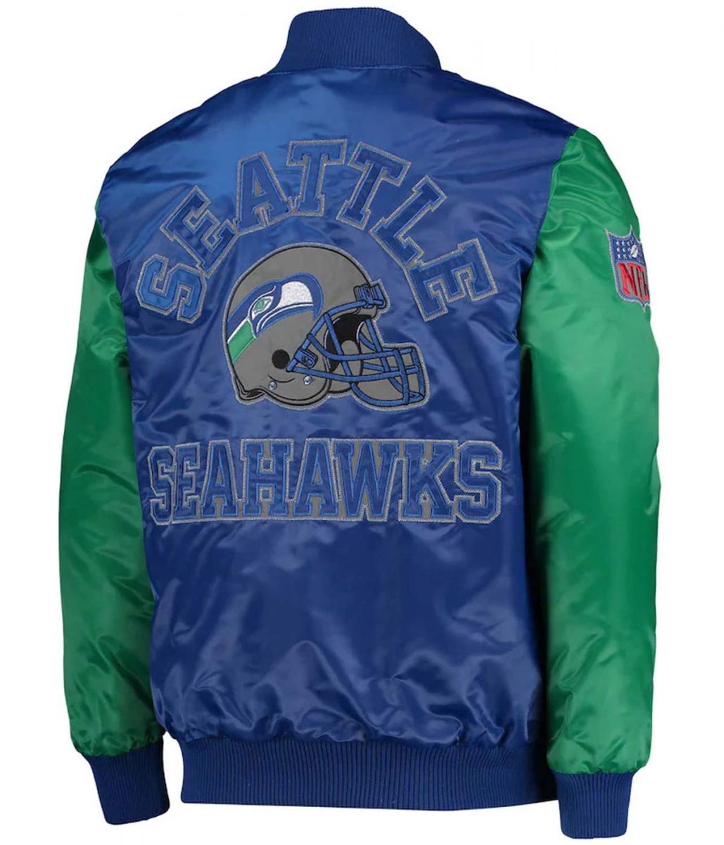 Seattle Seahawks Throwback Blue and Green Varsity Satin Jacket - Image 2