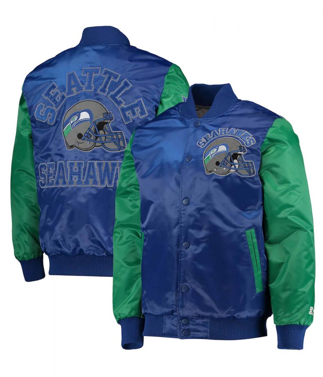 Seattle Seahawks Throwback Blue and Green Varsity Satin Jacket - Image 3