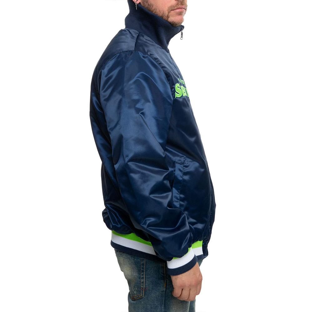 Seattle Seahawks Neon Embroidery Varsity Navy Satin Jacket - Image 5