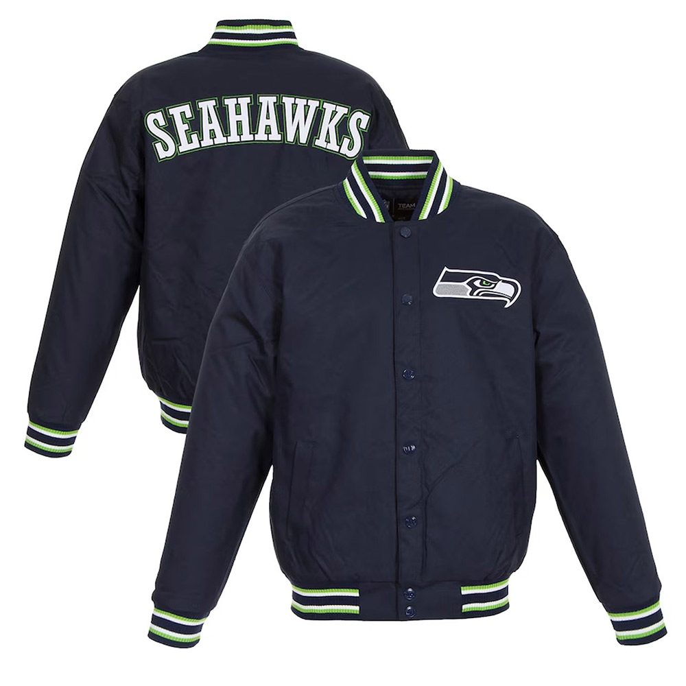 Seattle Seahawks Varsity Navy Blue Cotton Jacket - Image 3