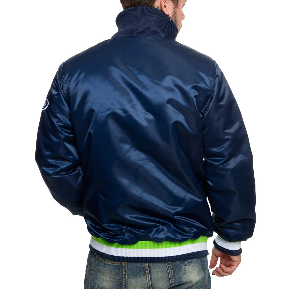 Seattle Seahawks Neon Embroidery Varsity Navy Satin Jacket - Image 2