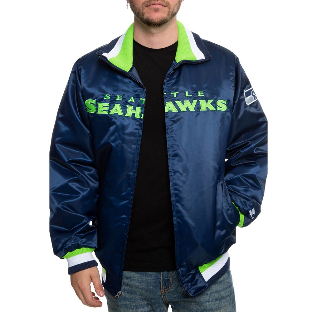 Seattle Seahawks Neon Embroidery Varsity Navy Satin Jacket - Image 3