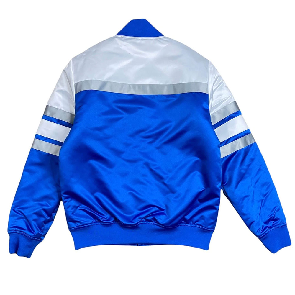 Special Script Detroit Lions White and Blue Satin Jacket - Image 2